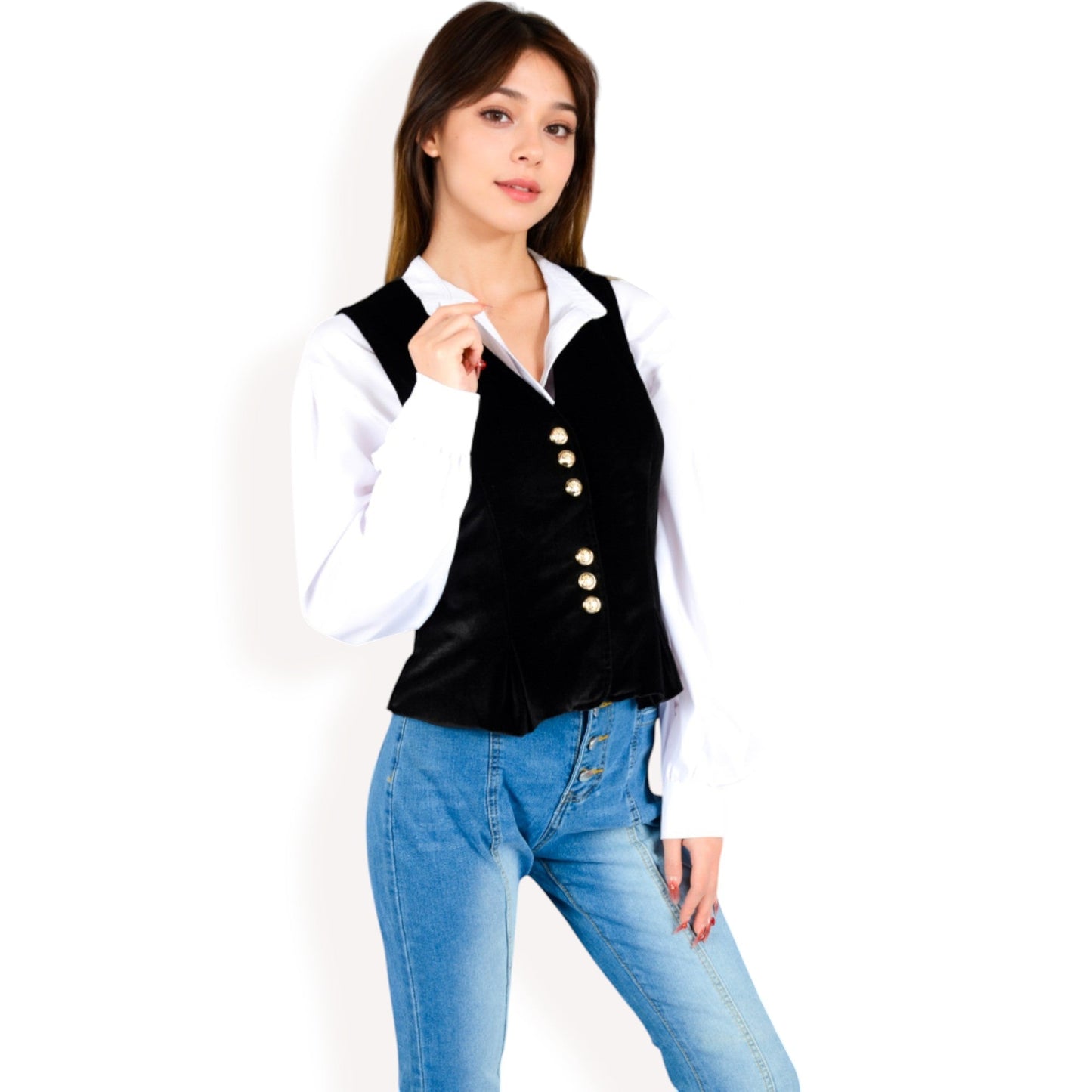 Velvet Peplum Vest with Button Detai