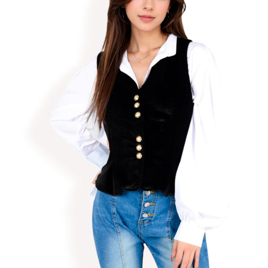 Velvet Peplum Vest with Button Detai