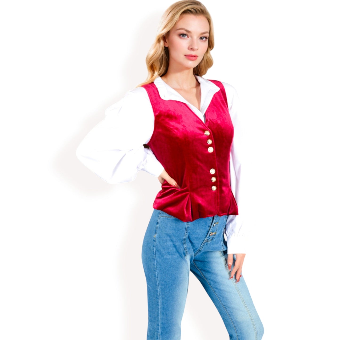 Velvet Peplum Vest with Button Detai