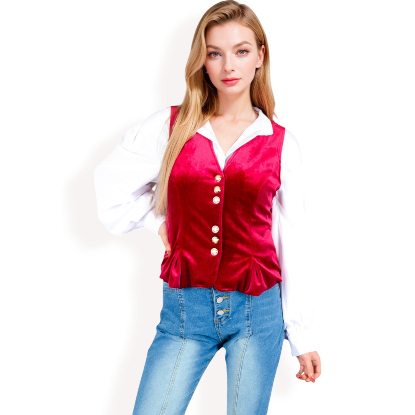 Velvet Peplum Vest with Button Detai