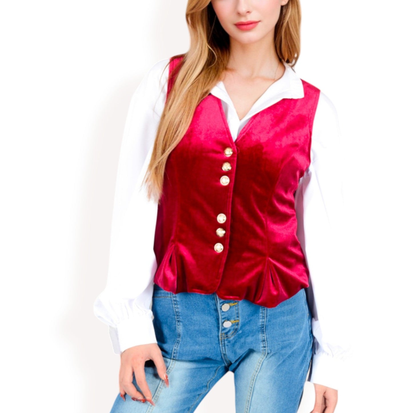 Velvet Peplum Vest with Button Detai