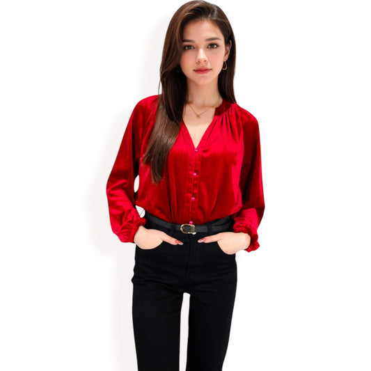 Velvet Blouse with V-Neck and Button Detail