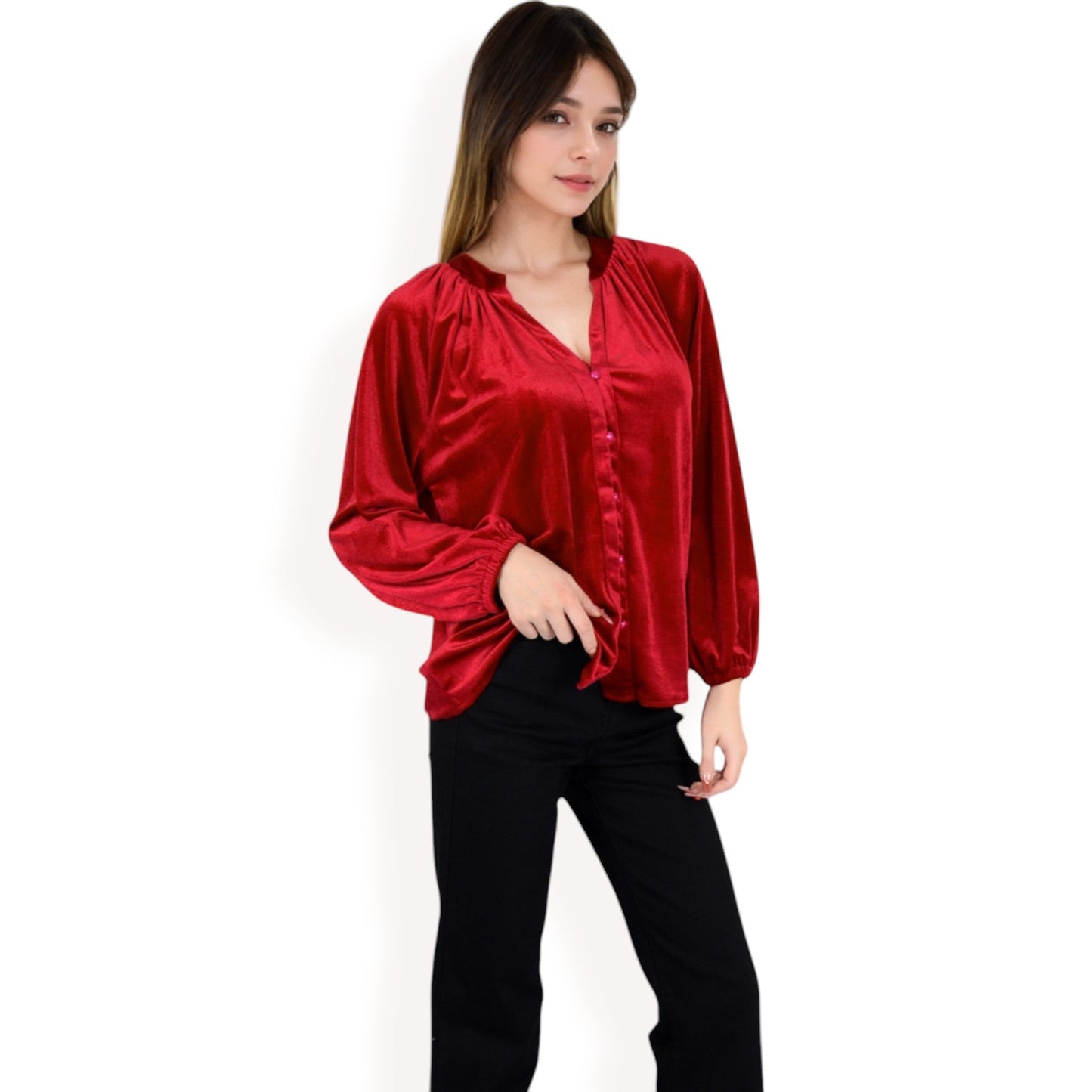 Velvet Blouse with V-Neck and Button Detail