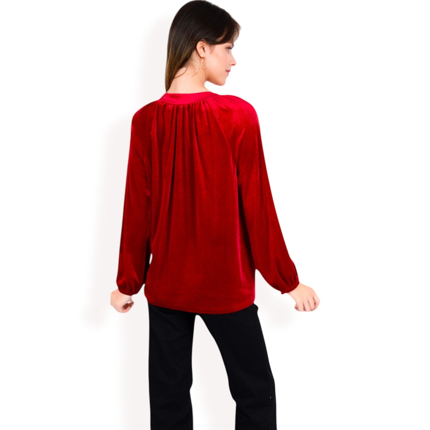 Velvet Blouse with V-Neck and Button Detail