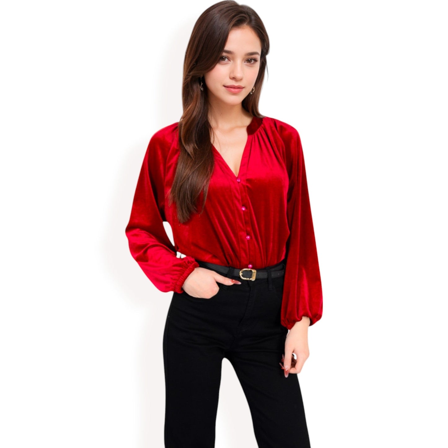 Velvet Blouse with V-Neck and Button Detail