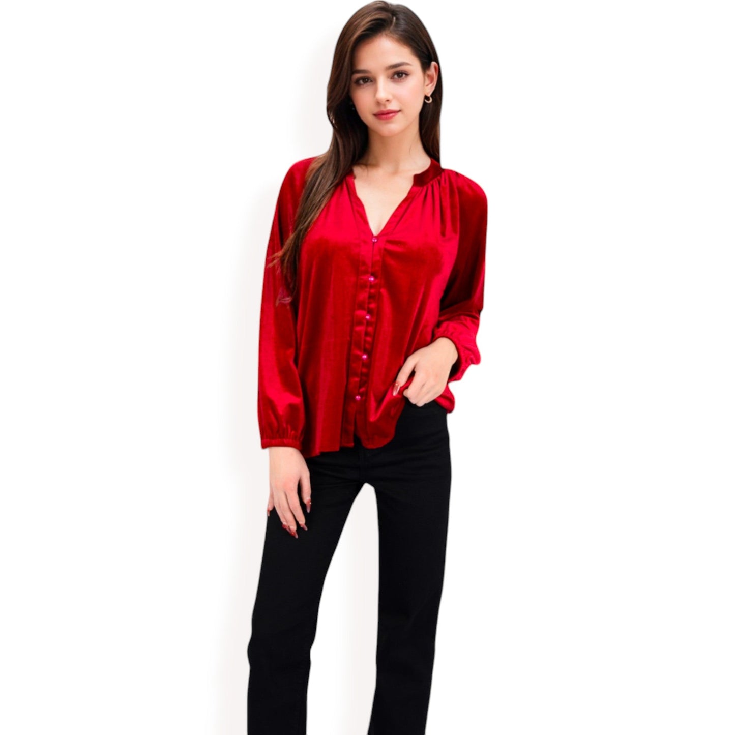 Velvet Blouse with V-Neck and Button Detail