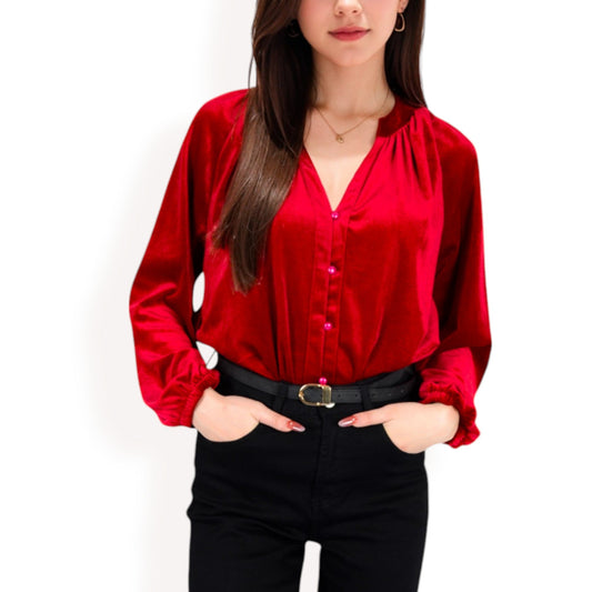 Velvet Blouse with V-Neck and Button Detail