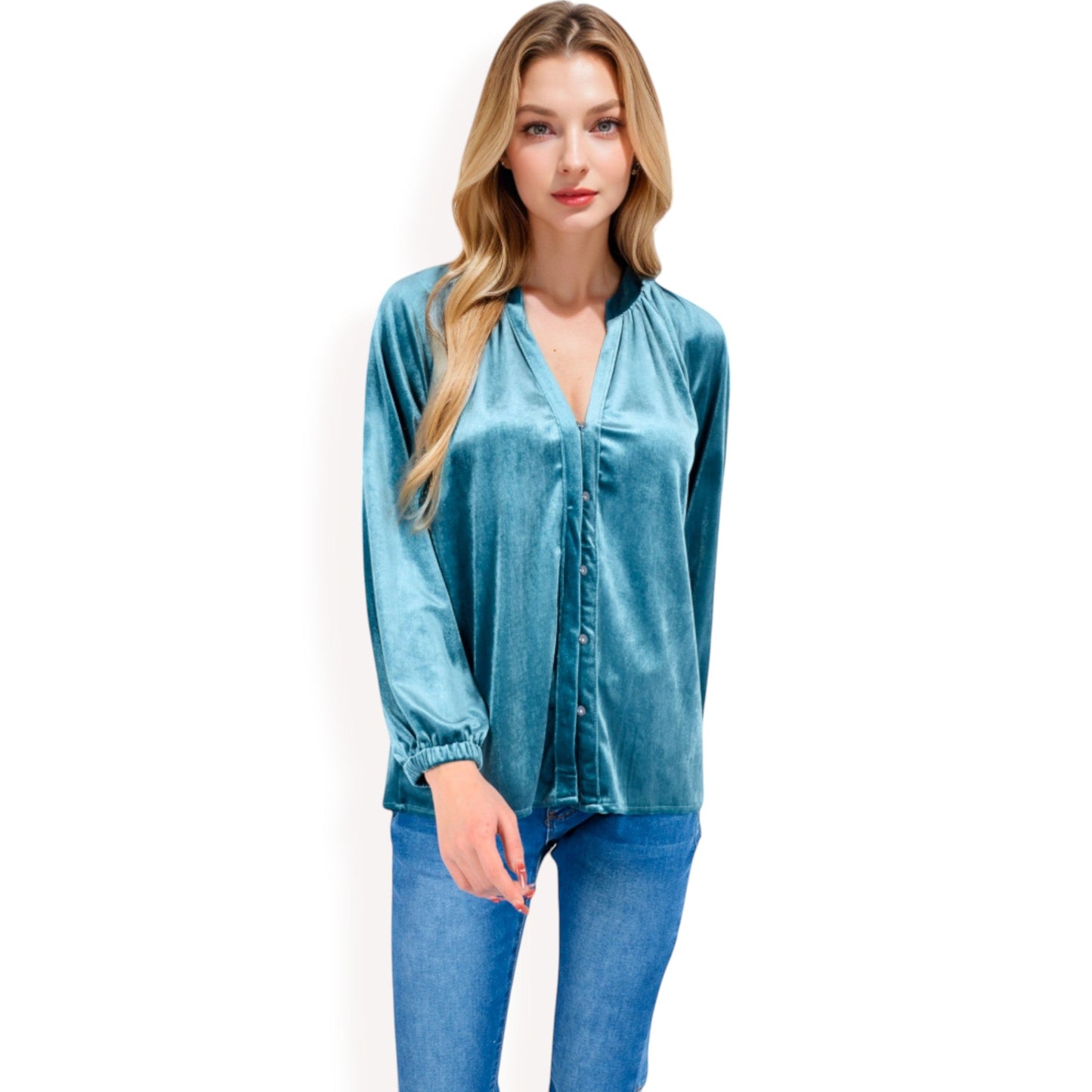 Velvet Blouse with V-Neck and Button Detail