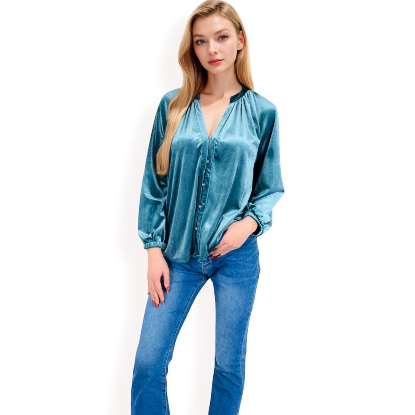 Velvet Blouse with V-Neck and Button Detail