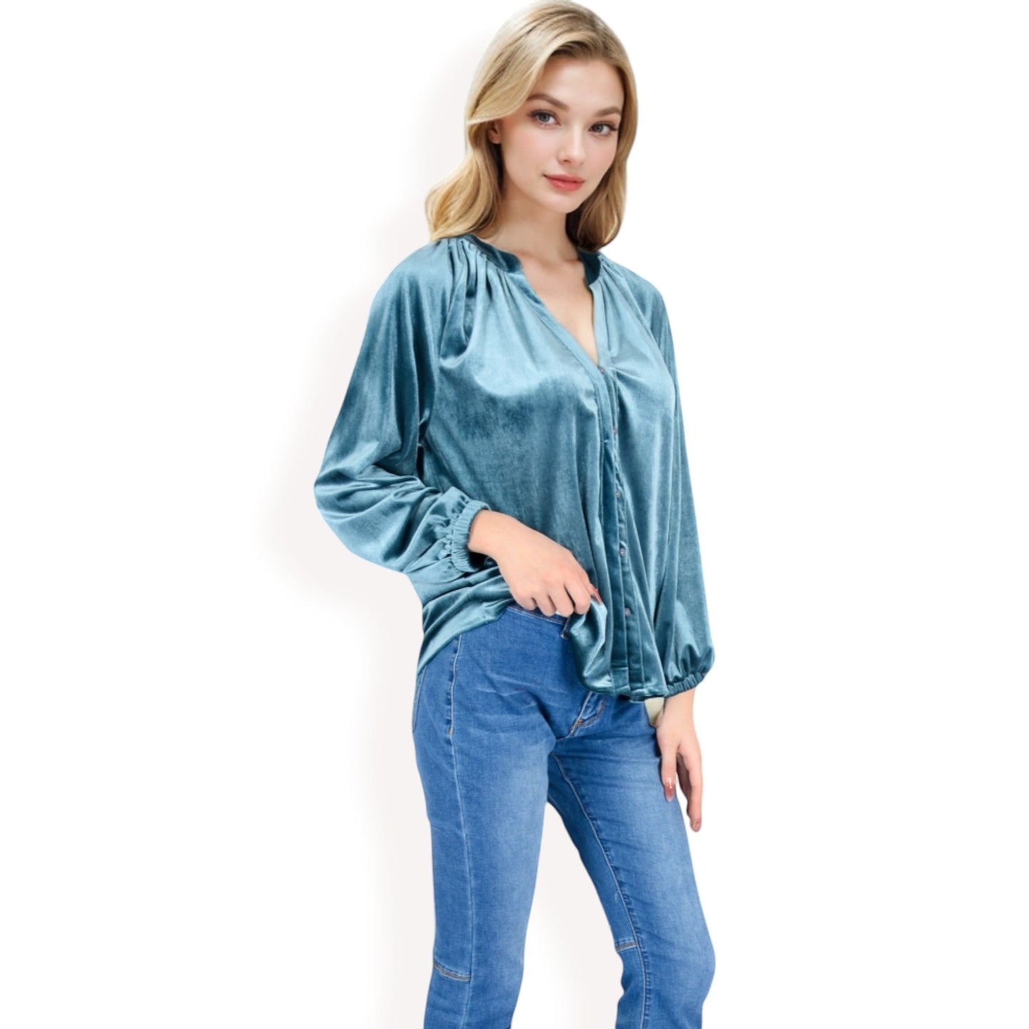 Velvet Blouse with V-Neck and Button Detail