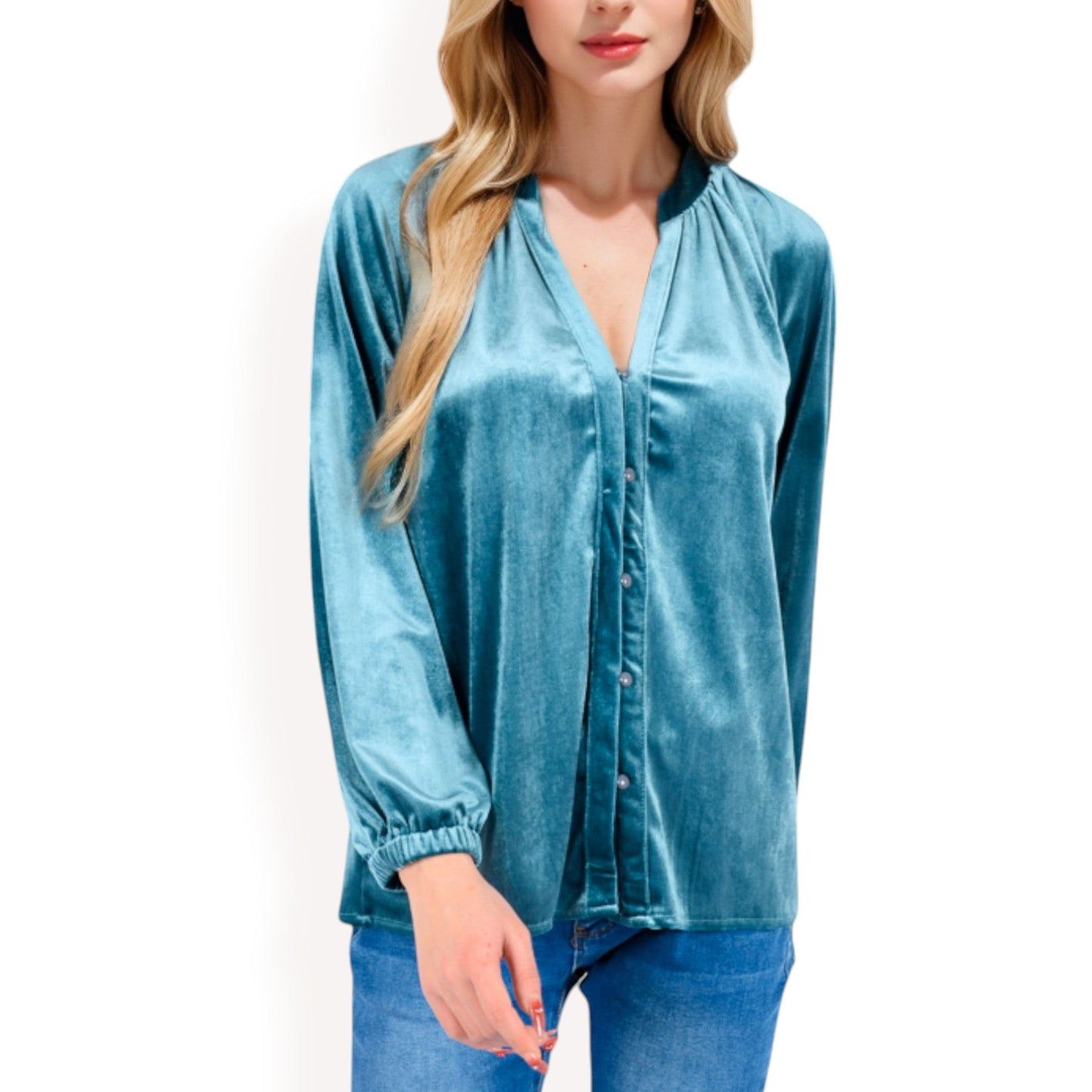 Velvet Blouse with V-Neck and Button Detail