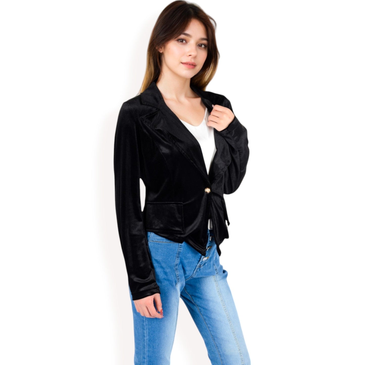 Velvet Blazer with Single Button Closure