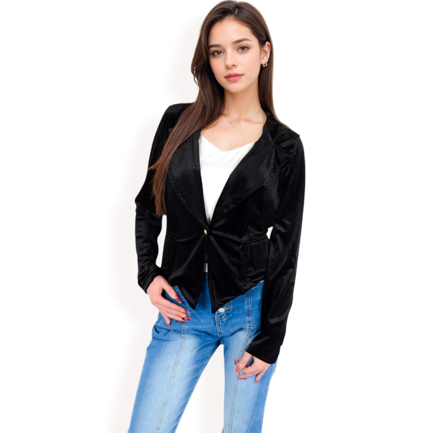Velvet Blazer with Single Button Closure