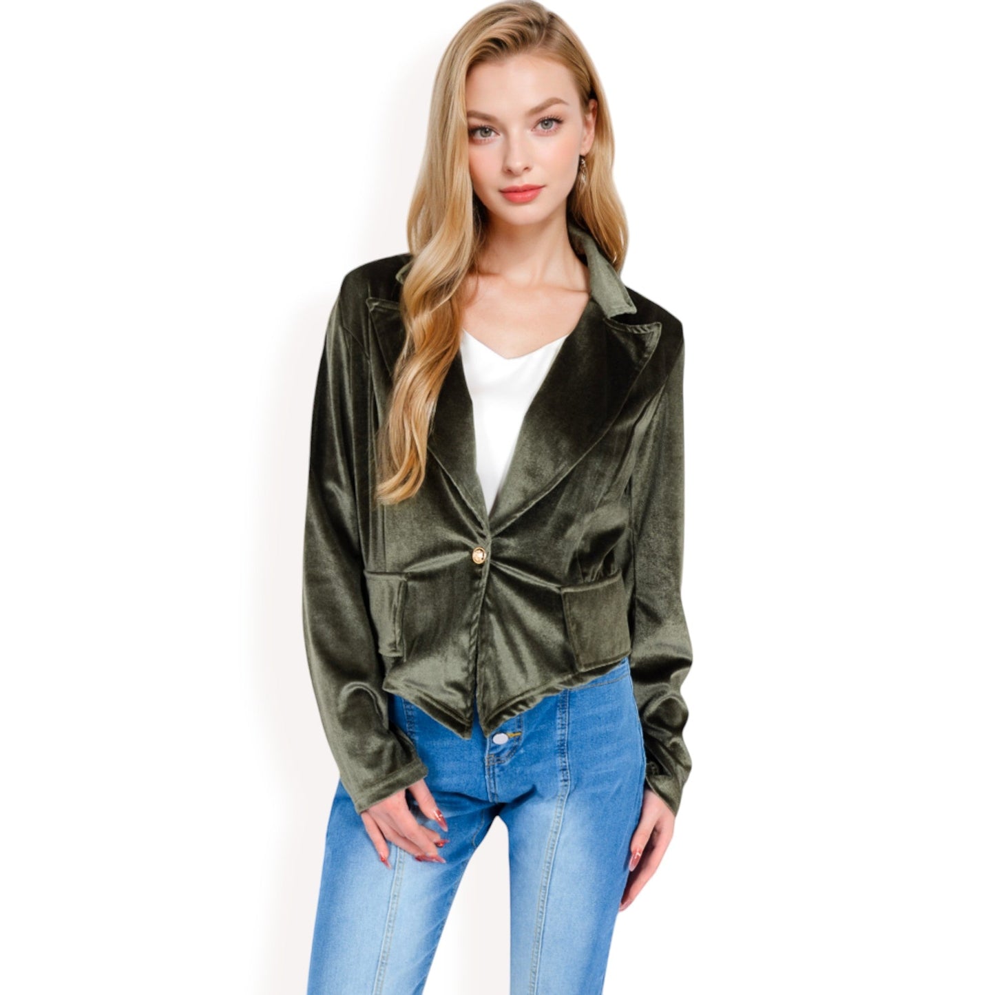 Velvet Blazer with Single Button Closure