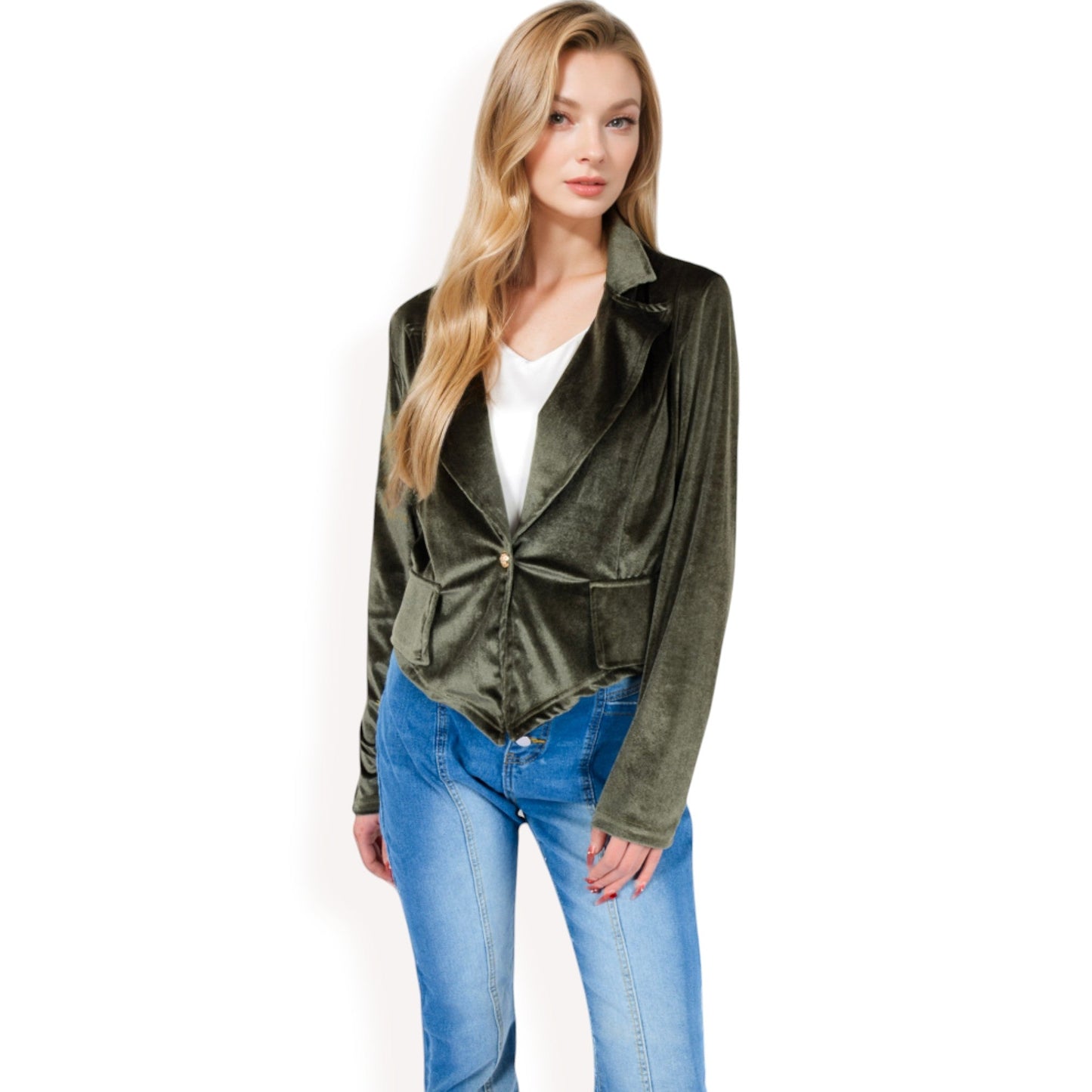 Velvet Blazer with Single Button Closure