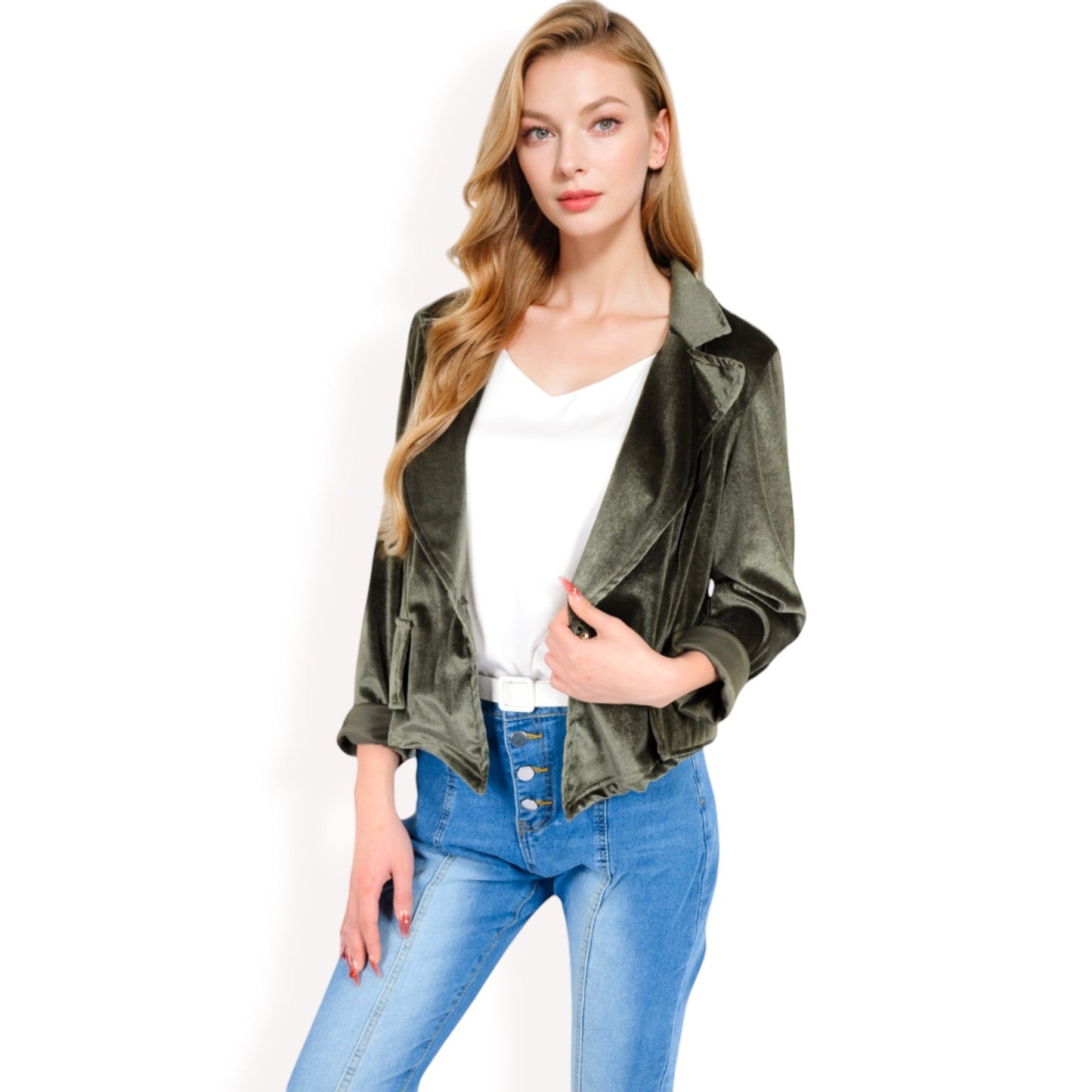 Velvet Blazer with Single Button Closure