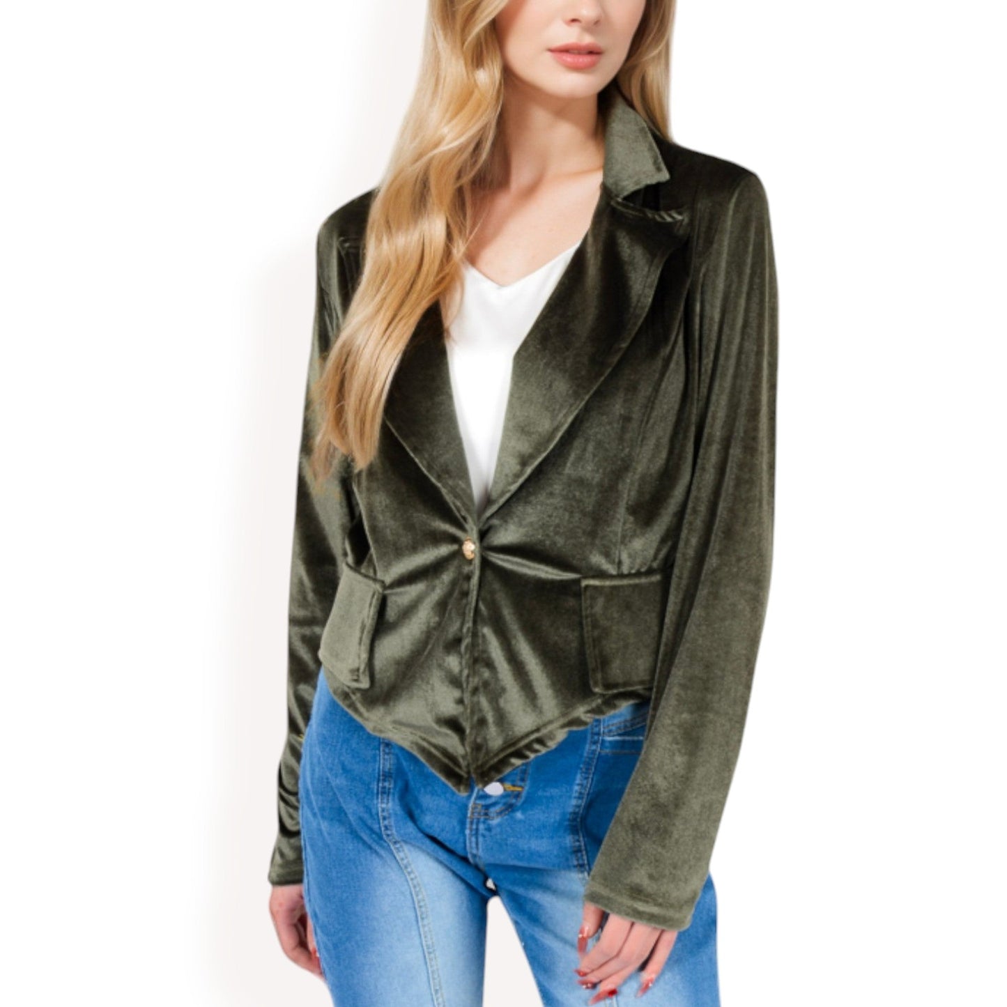 Velvet Blazer with Single Button Closure