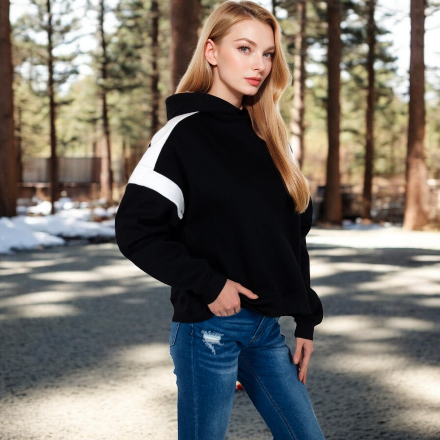 Oversized Hoodie with Contrast Shoulder Stripes