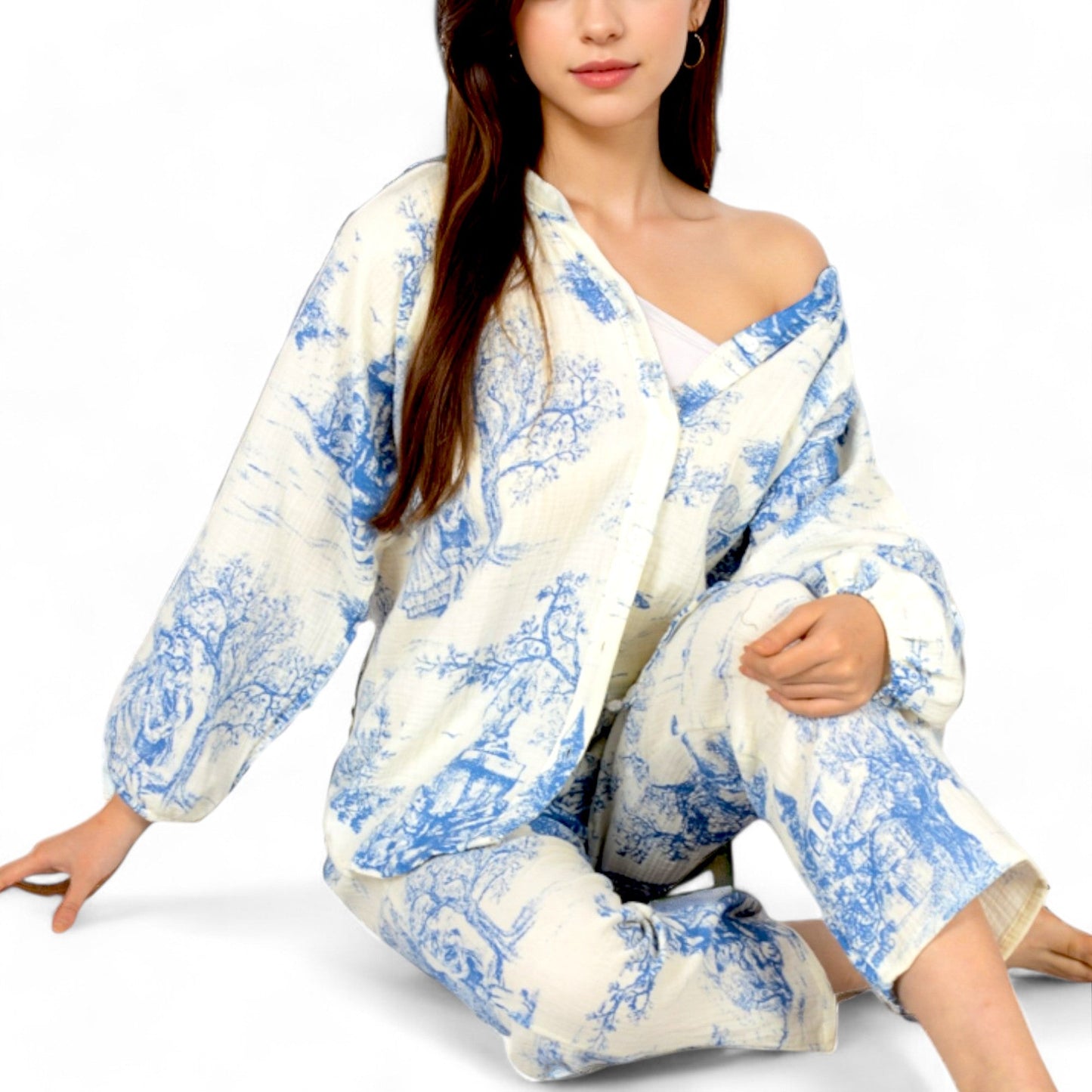 Two-Piece Printed Lounge Set with Button-Up Top and Elastic Waist Pants
