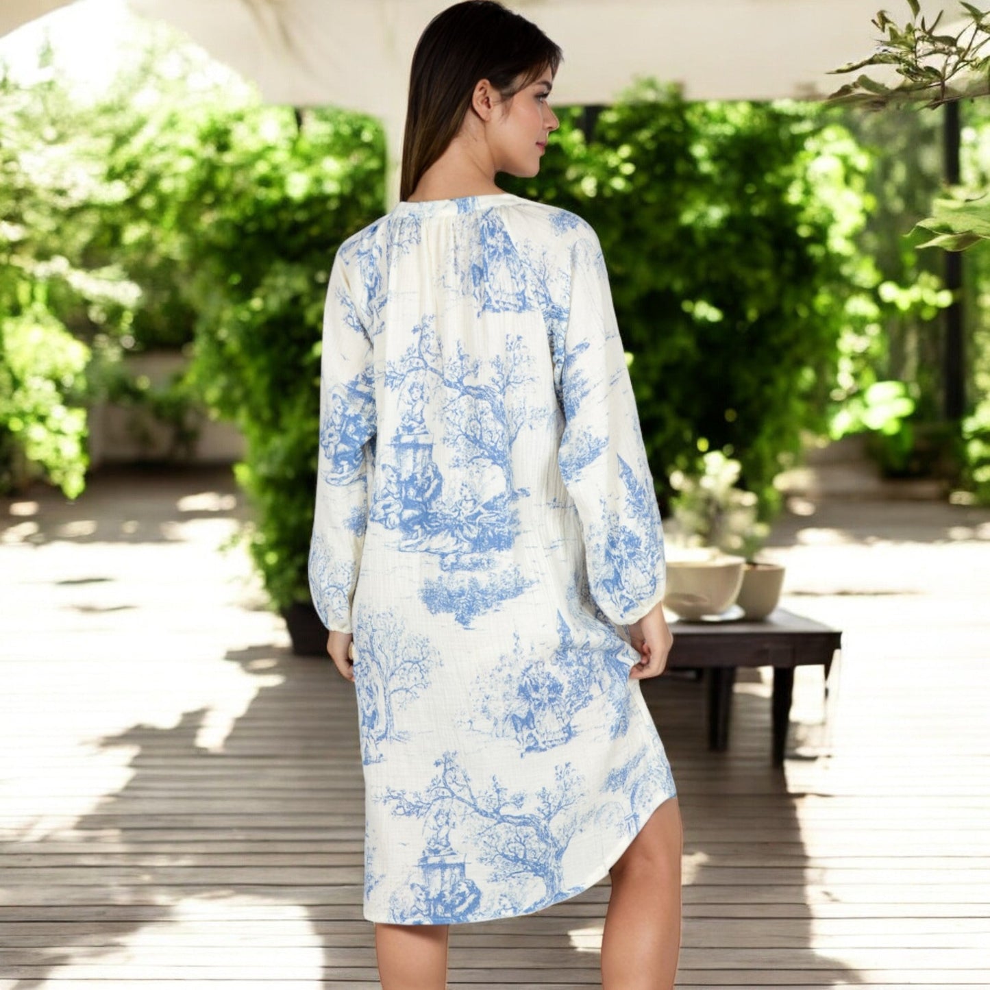 Printed Button-Up Long Sleeve Shirt Dress with Relaxed Fit