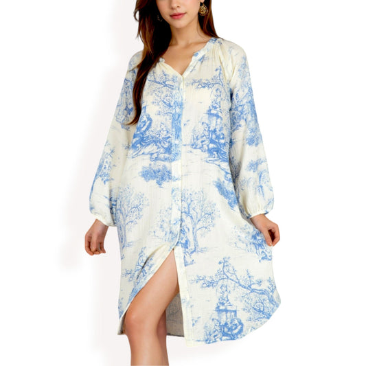 Printed Button-Up Long Sleeve Shirt Dress with Relaxed Fit