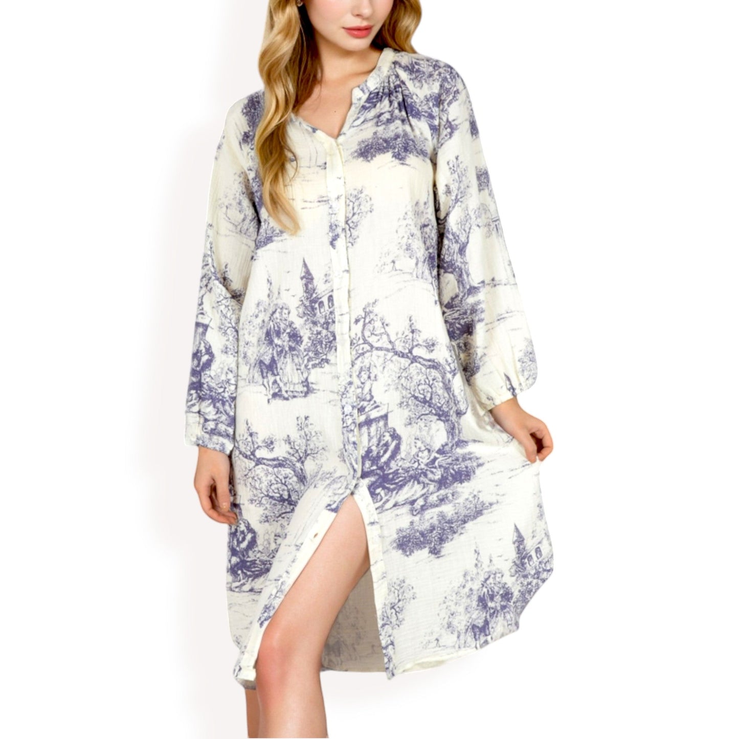 Printed Button-Up Long Sleeve Shirt Dress with Relaxed Fit