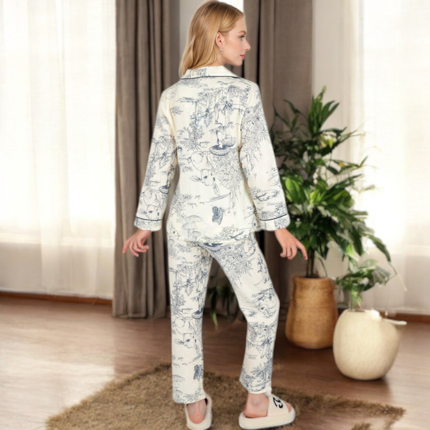 Printed Button-Up Pajama Set with Piping Details