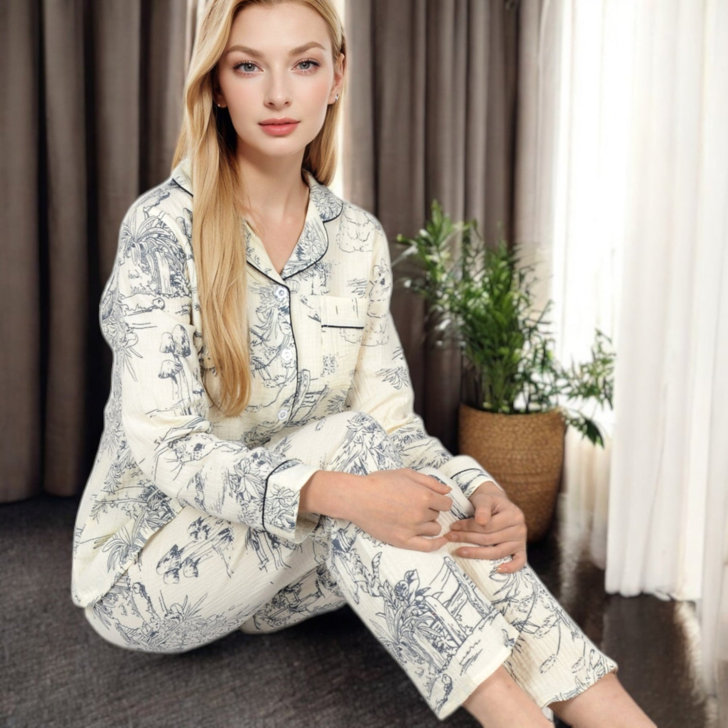 Printed Button-Up Pajama Set with Piping Details