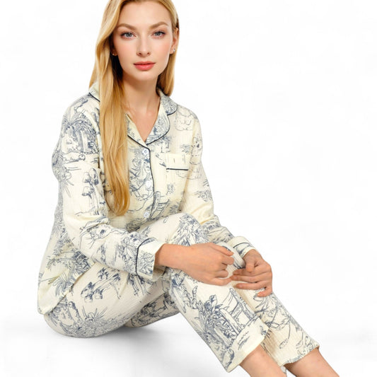 Printed Button-Up Pajama Set with Piping Details