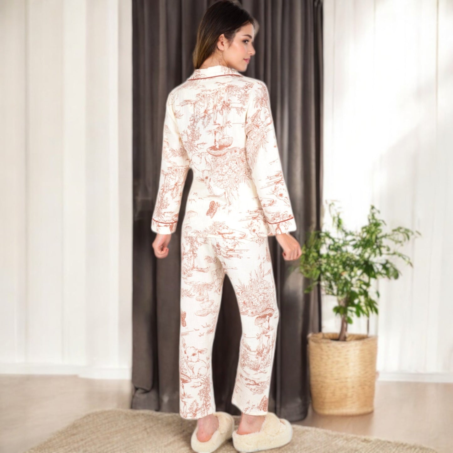 Printed Button-Up Pajama Set with Piping Details