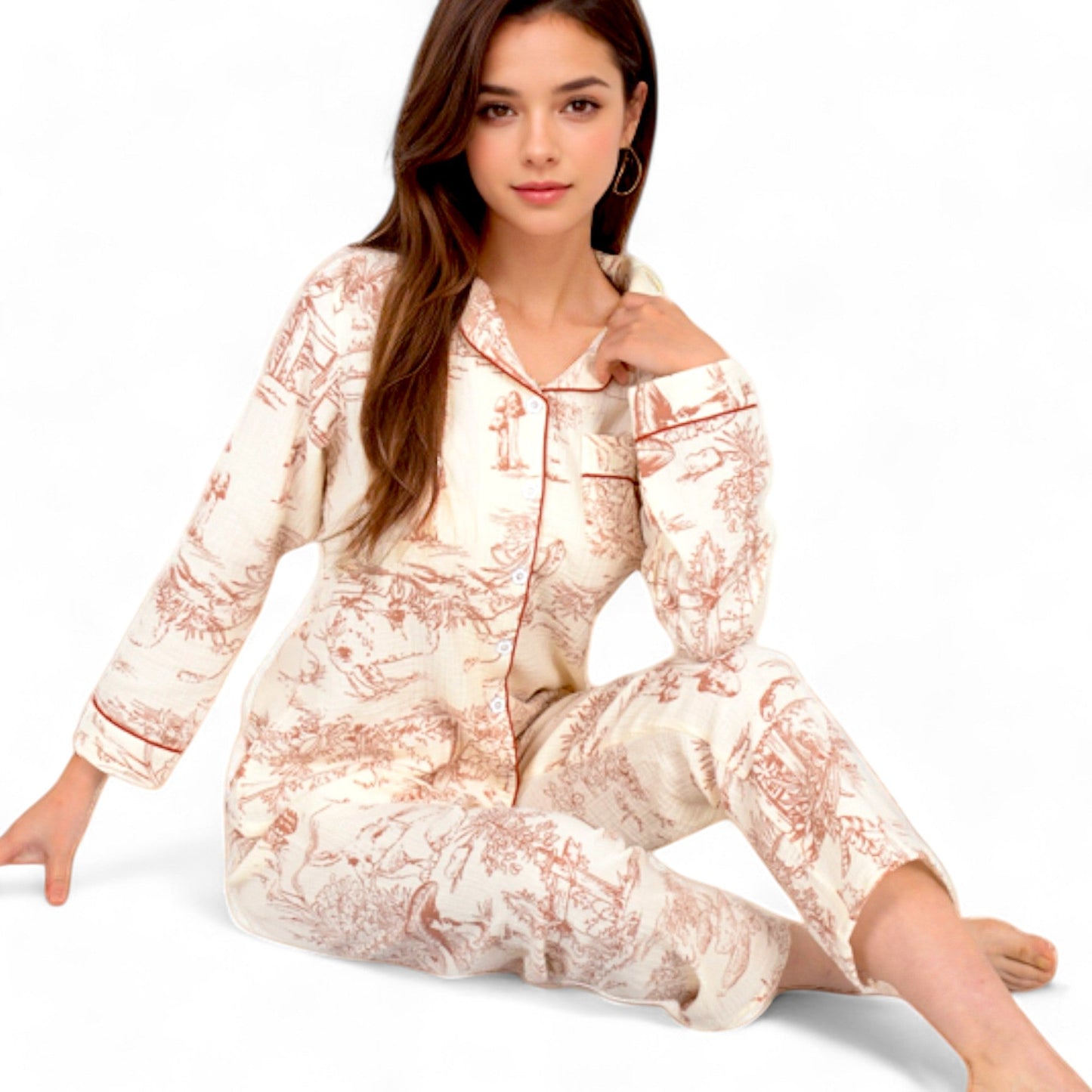 Printed Button-Up Pajama Set with Piping Details