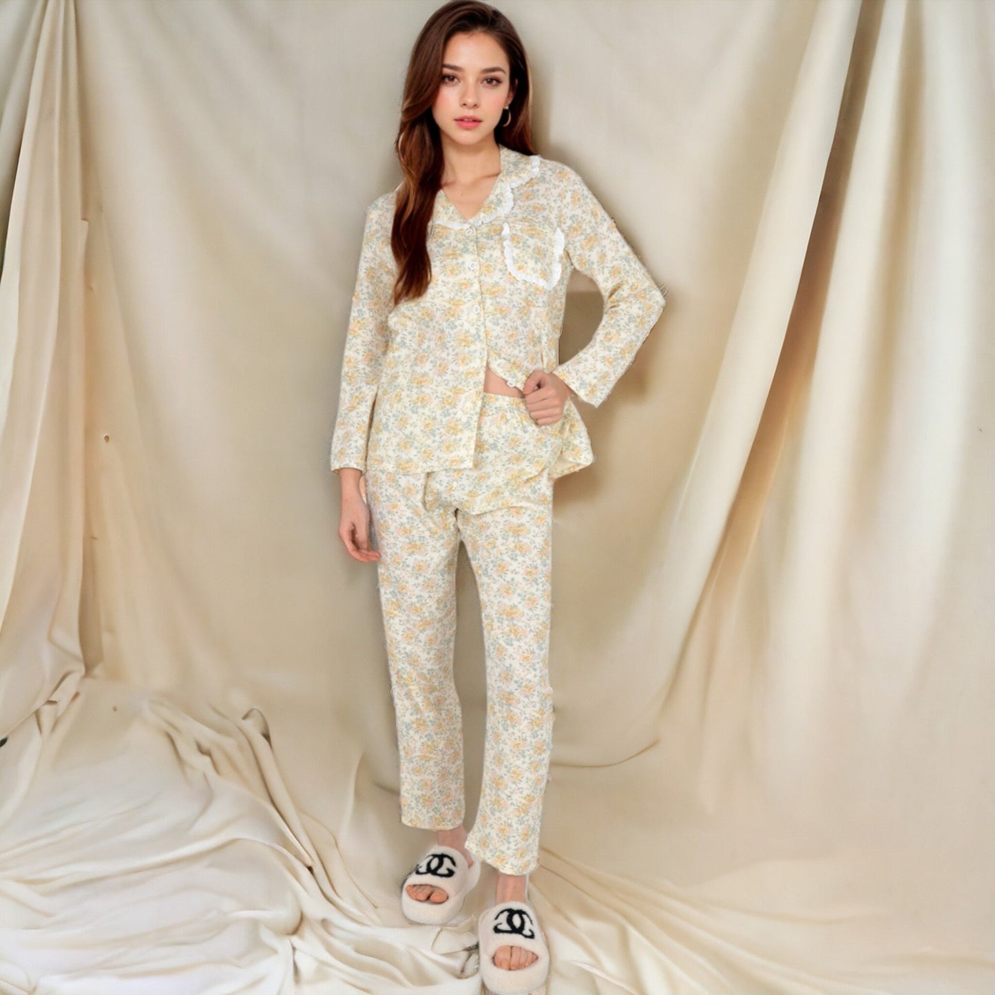 Floral Print Button-Up Long Sleeve Pajama Set with Ruffle Details