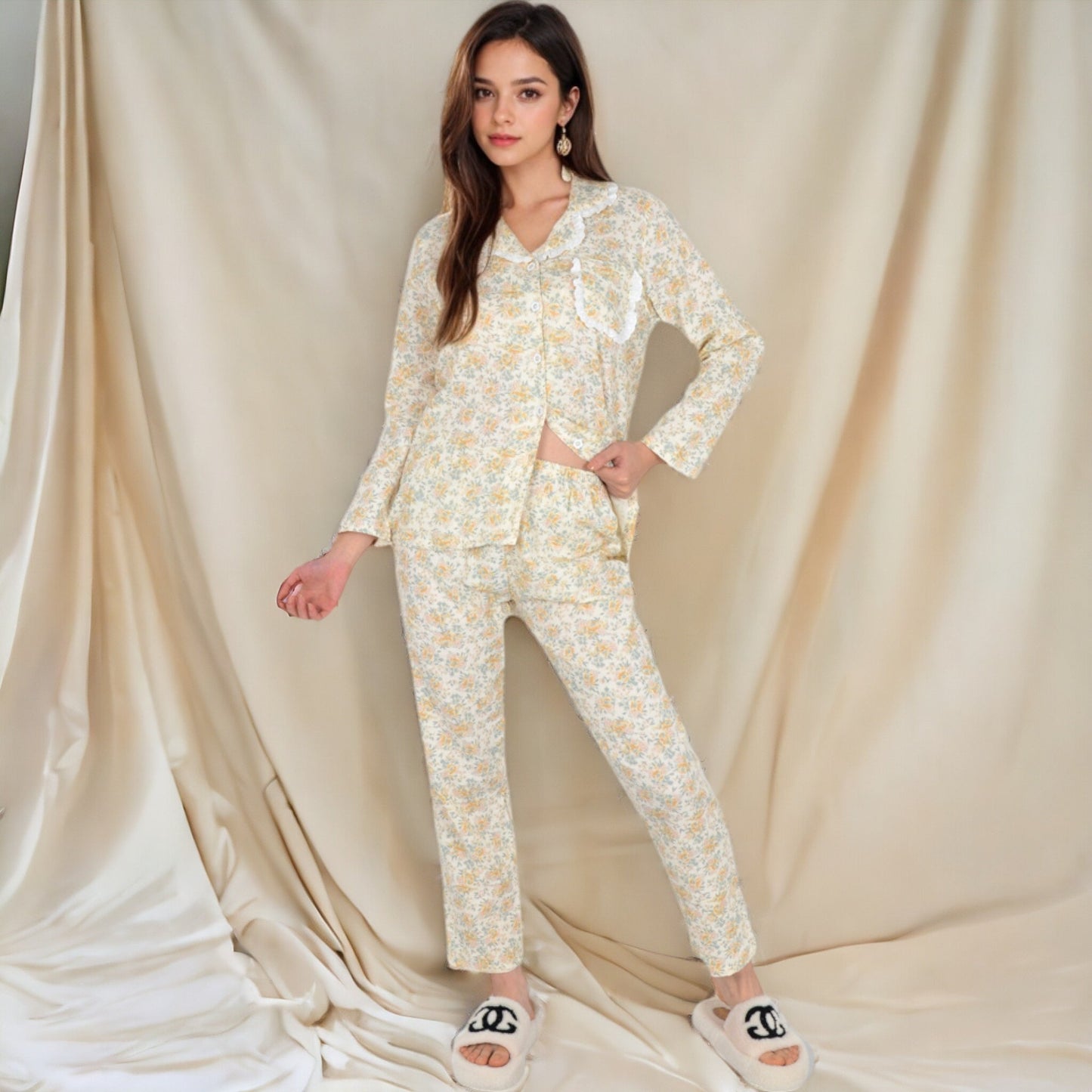 Floral Print Button-Up Long Sleeve Pajama Set with Ruffle Details