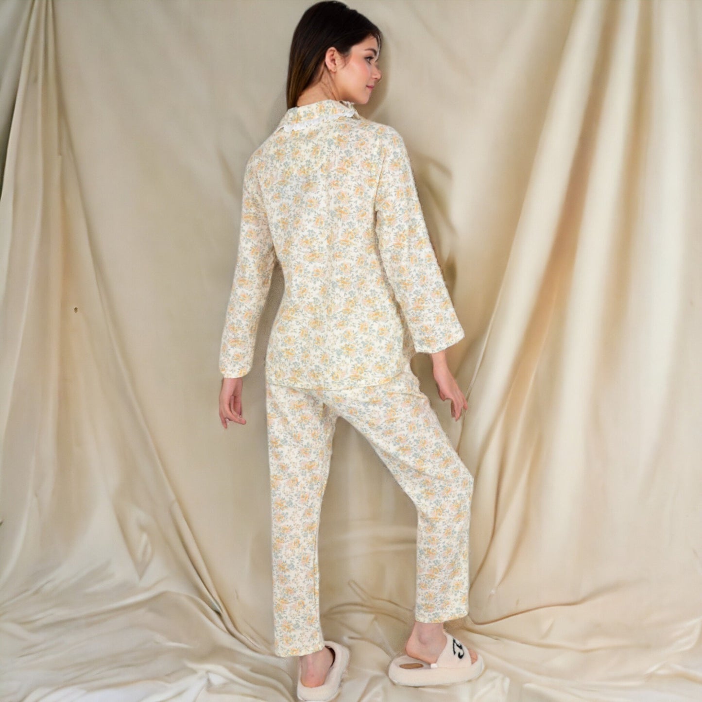 Floral Print Button-Up Long Sleeve Pajama Set with Ruffle Details