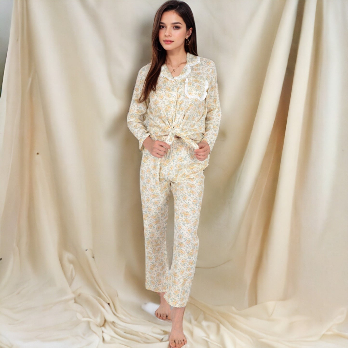 Floral Print Button-Up Long Sleeve Pajama Set with Ruffle Details