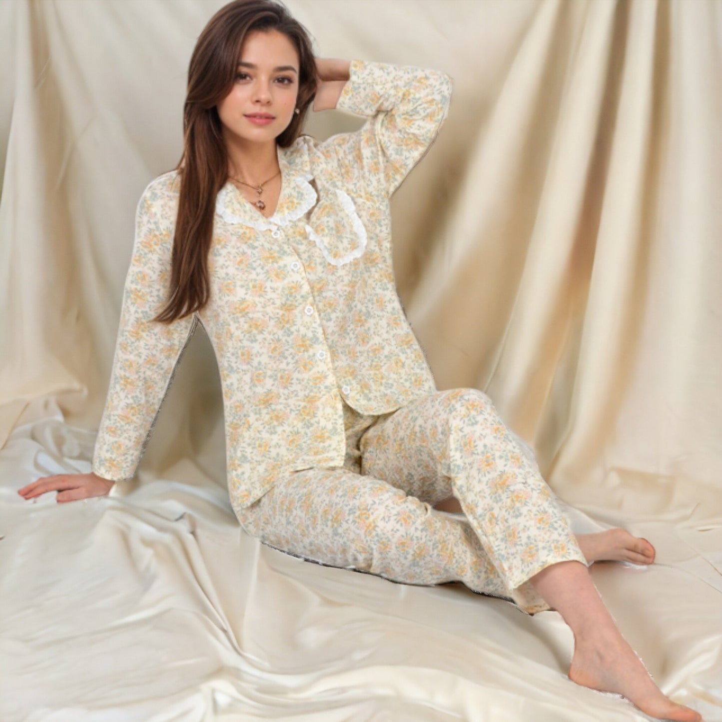 Floral Print Button-Up Long Sleeve Pajama Set with Ruffle Details