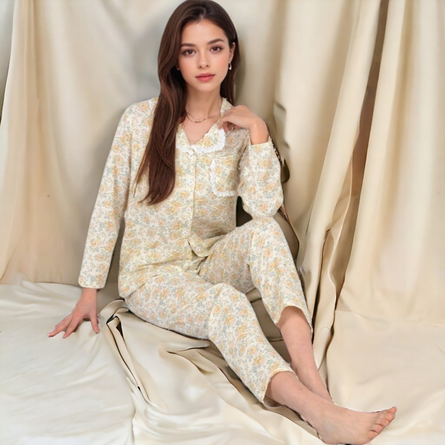 Floral Print Button-Up Long Sleeve Pajama Set with Ruffle Details