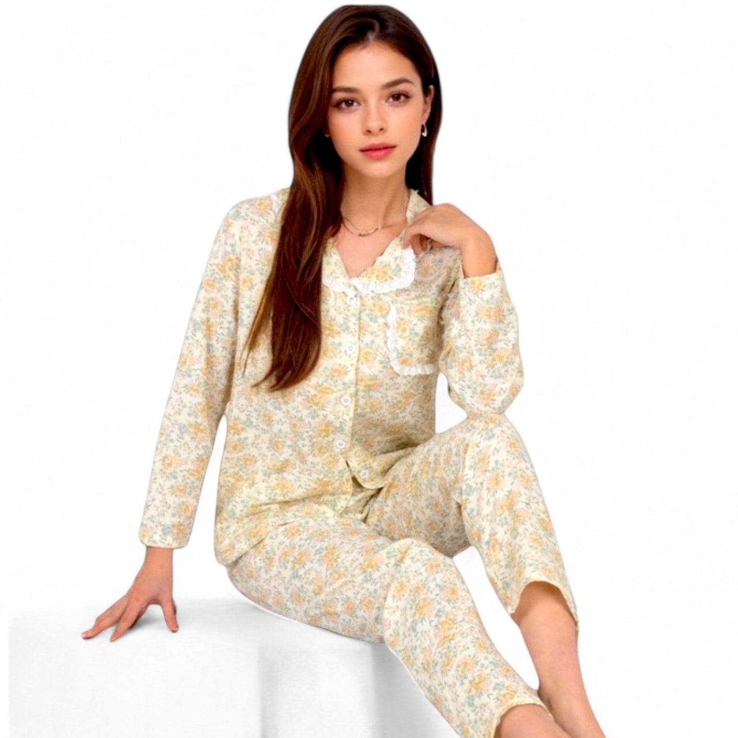 Floral Print Button-Up Long Sleeve Pajama Set with Ruffle Details