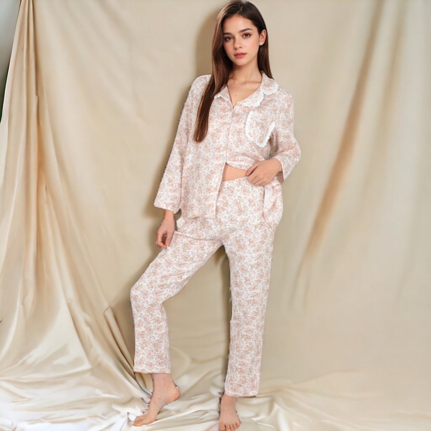 Floral Print Button-Up Long Sleeve Pajama Set with Ruffle Details