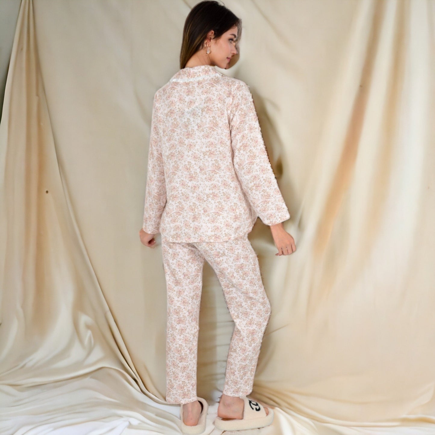 Floral Print Button-Up Long Sleeve Pajama Set with Ruffle Details