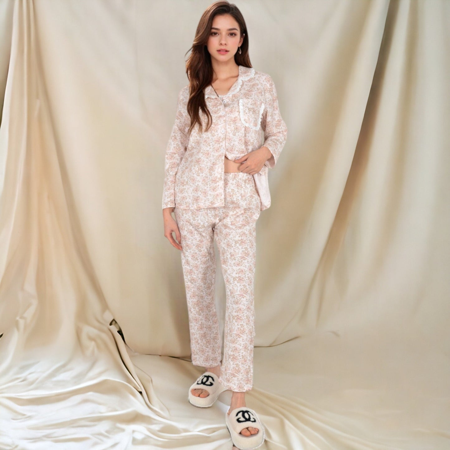 Floral Print Button-Up Long Sleeve Pajama Set with Ruffle Details
