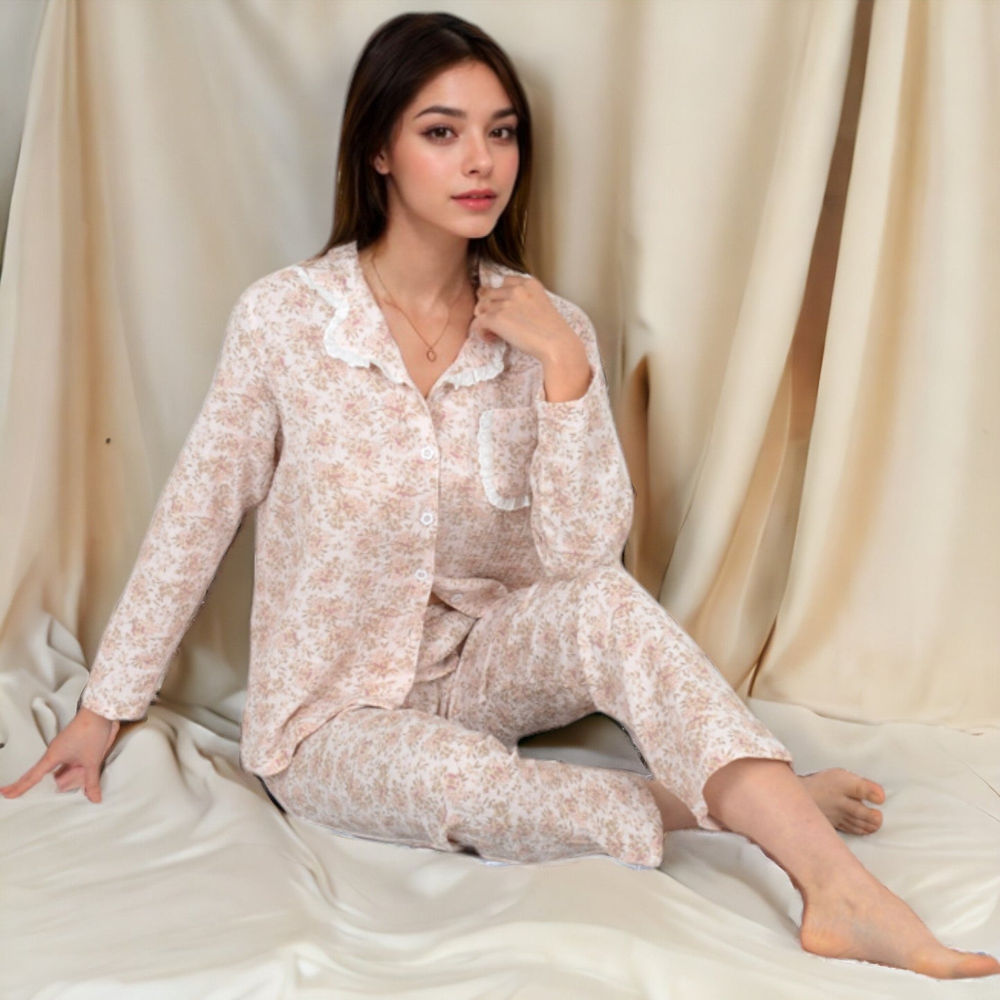 Floral Print Button-Up Long Sleeve Pajama Set with Ruffle Details