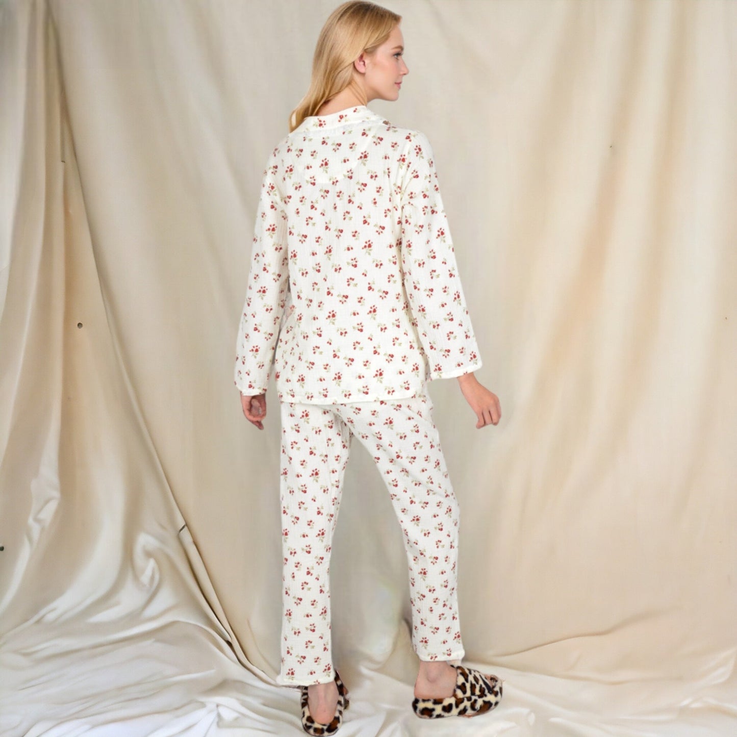 Floral Print Button-Up Long Sleeve Pajama Set with Ruffle Details