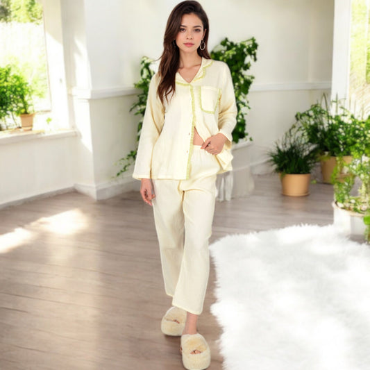 Lightweight Gauze Pajama Set with Lace Trim and Button-Up Design