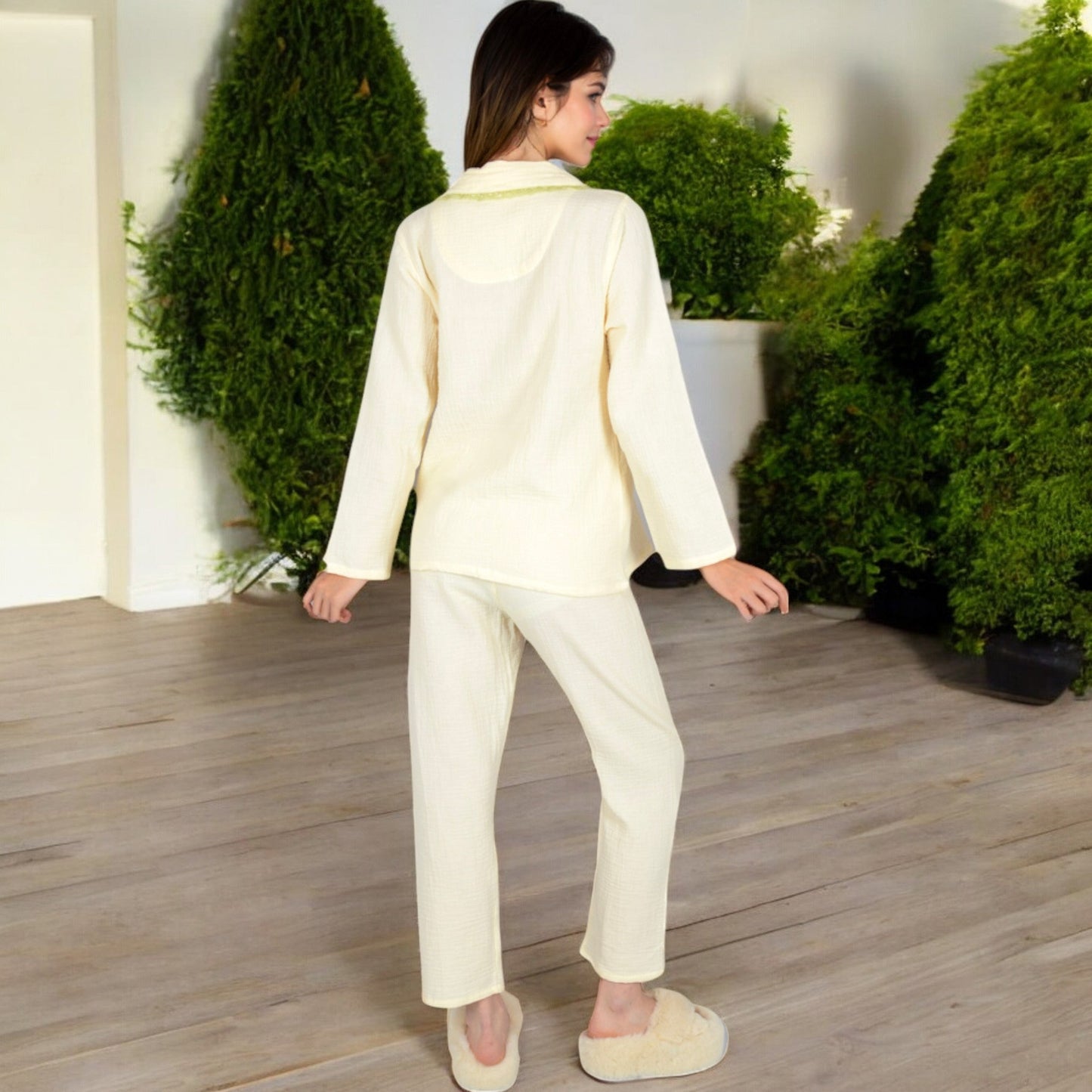 Lightweight Gauze Pajama Set with Lace Trim and Button-Up Design