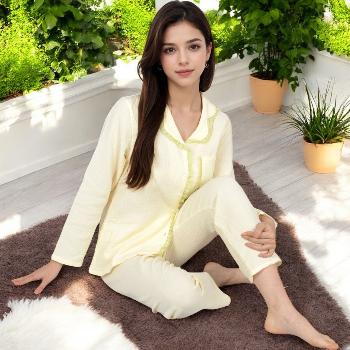 Lightweight Gauze Pajama Set with Lace Trim and Button-Up Design