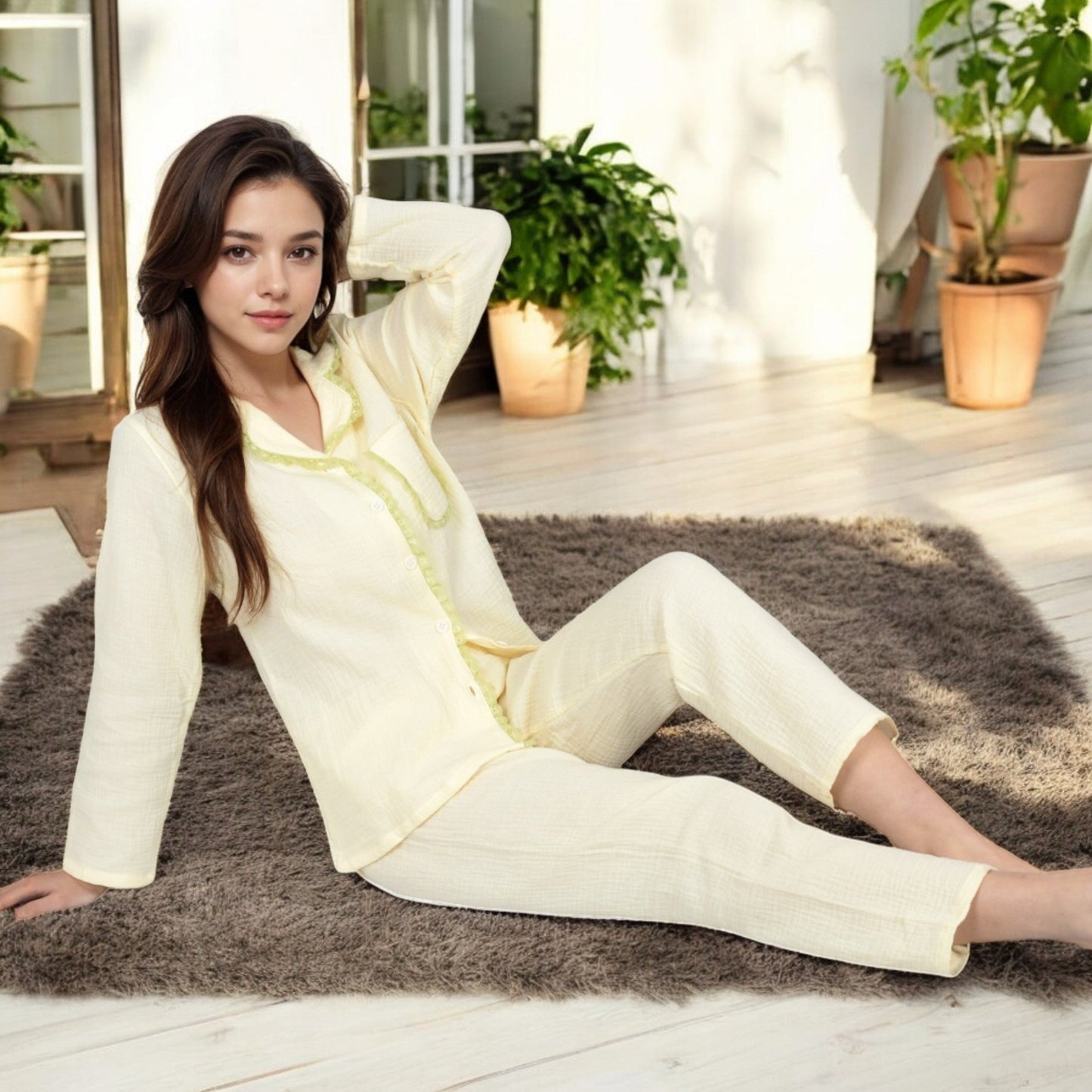 Lightweight Gauze Pajama Set with Lace Trim and Button-Up Design