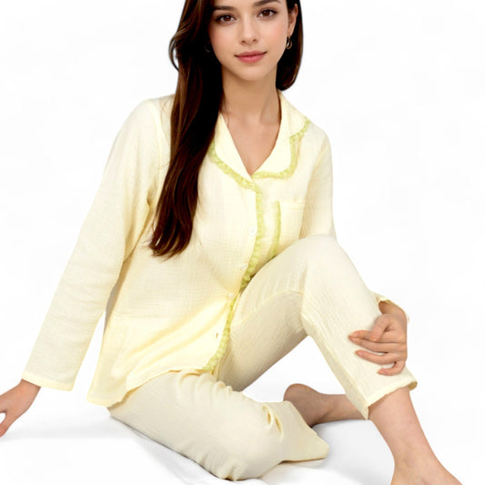 Lightweight Gauze Pajama Set with Lace Trim and Button-Up Design