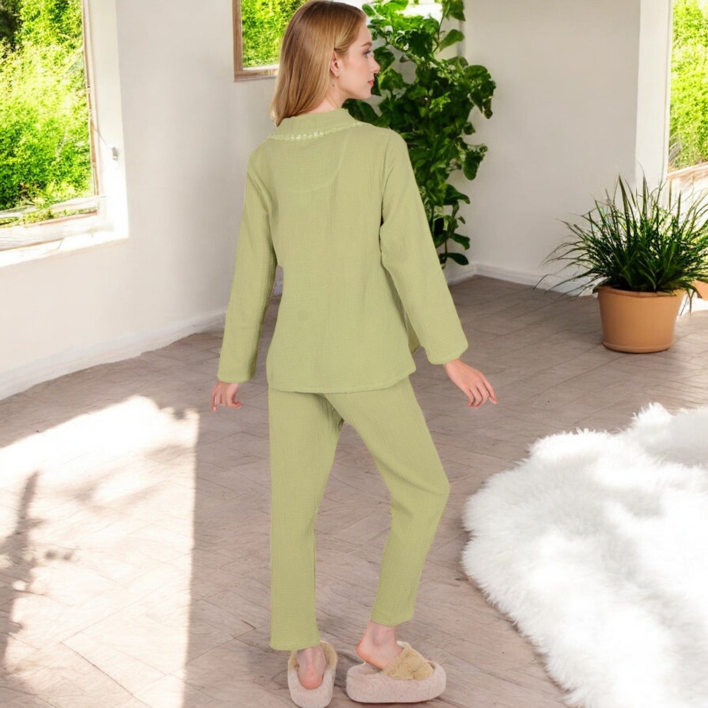 Lightweight Gauze Pajama Set with Lace Trim and Button-Up Design