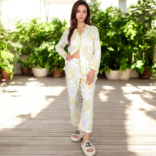 Printed Gauze Pajama Set with Button-Up Shirt and Relaxed Fit Pants